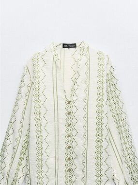 Like New ZARA Cream Shirt with Olive Embroidered Stripes